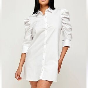 New York & Company White Puff ruffle Sleeve Button Down Shirt Dress Sz Medium